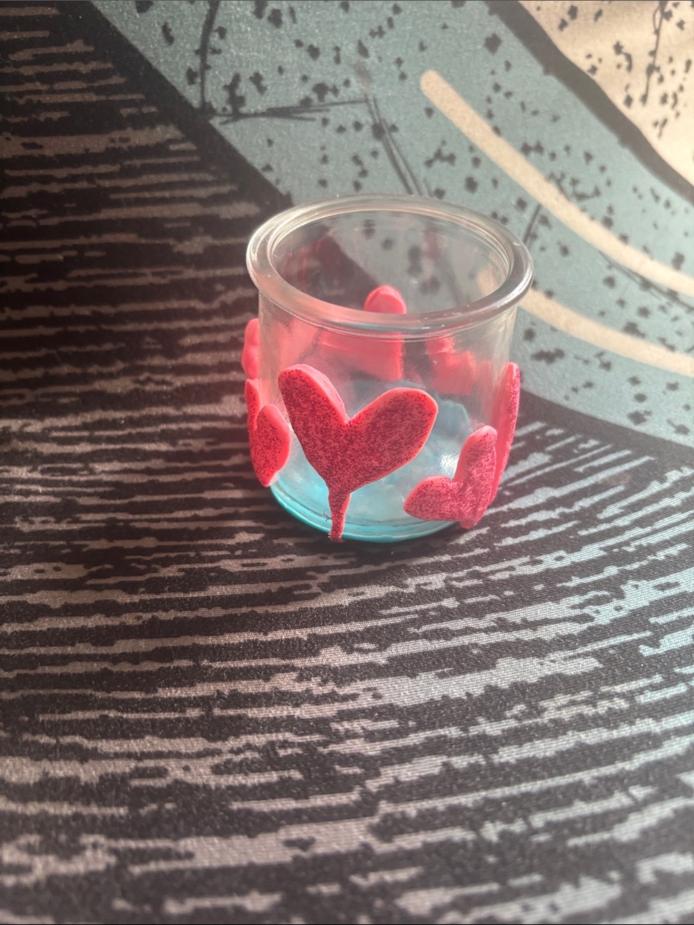 Handcrafted Clay Covered Glass Holder with Pink Heart Accents